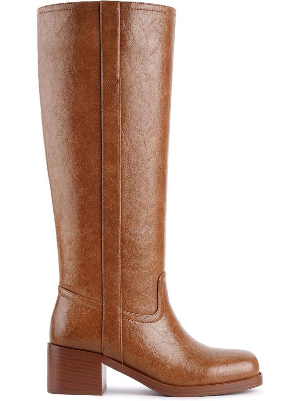 Womens Saddle Brown Square Toe Chunky Block Heel Wide Calf Riding Knee High Boot